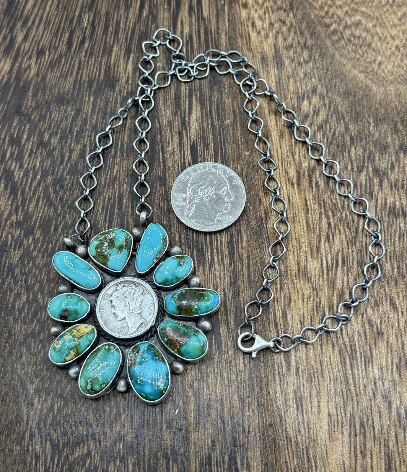 Navajo Handmade Silver Sonoran Gold Turquoise Liberty Coin Cluster Necklace 18”