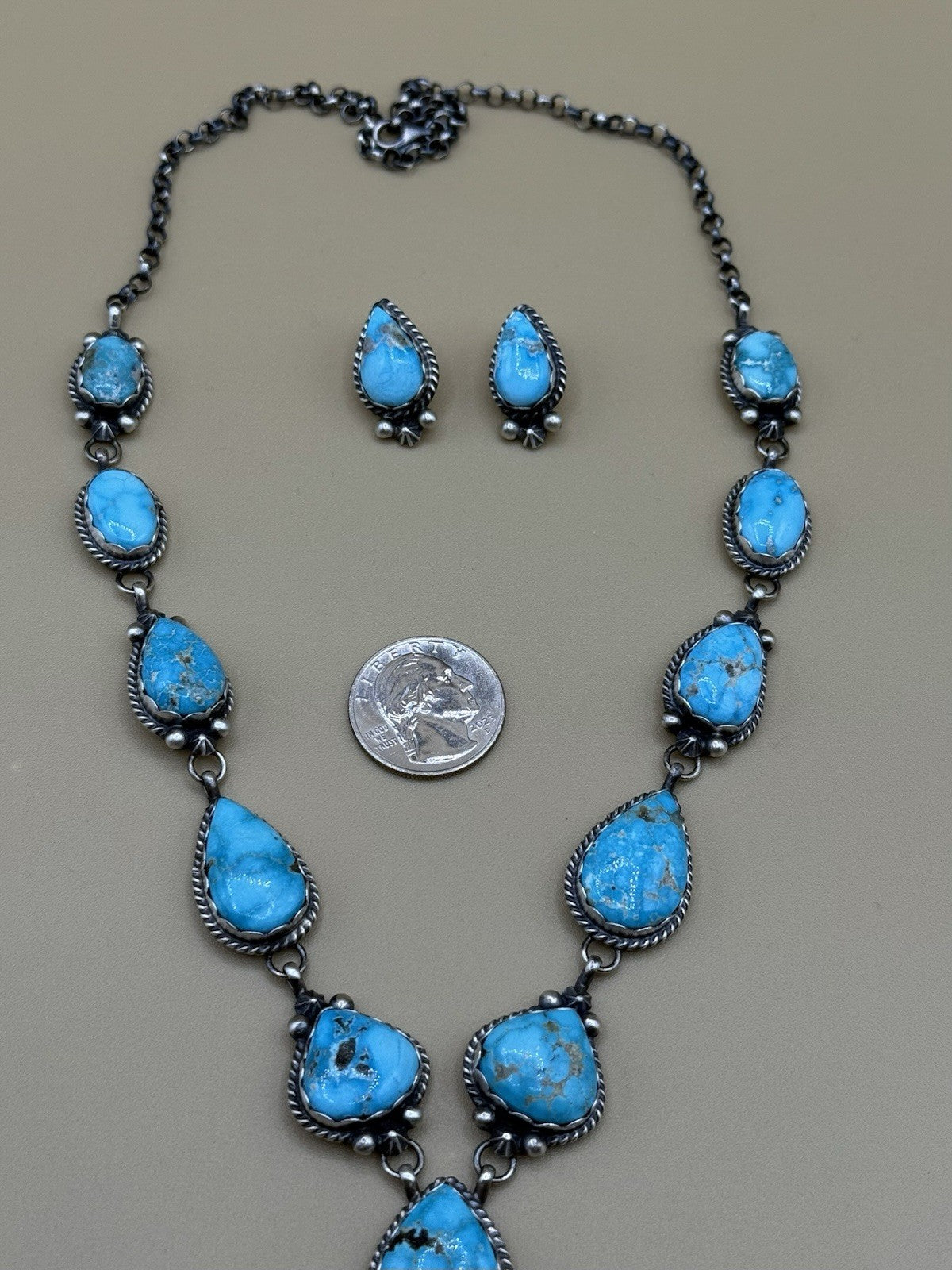 Native Navajo Handmade Sterling Silver Blue Bird Turquoise Y Lariat Necklace 24”
