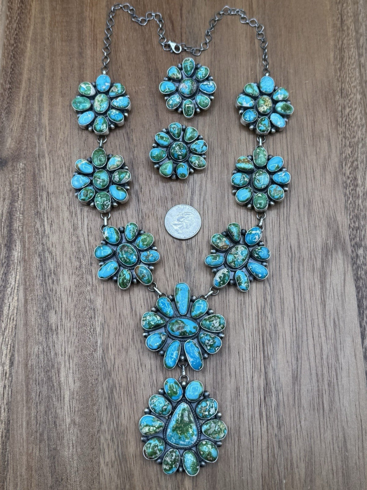 Navajo Handmade Sterling Silver Sonoran Turquoise Cluster Lariat Necklace 24”