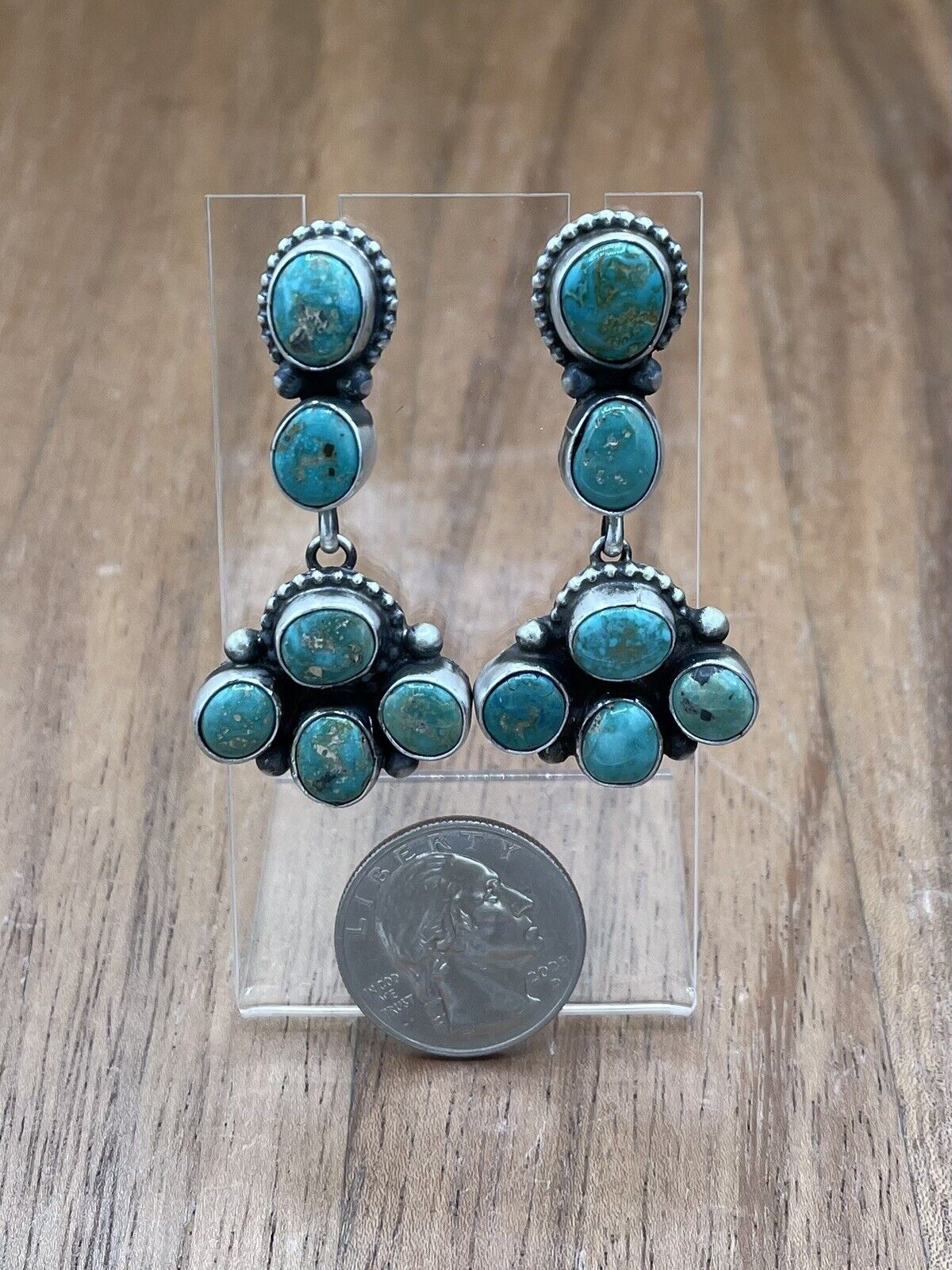 Native American Navajo Handmade Silver Kingman Turquoise Dangle Cluster Earrings