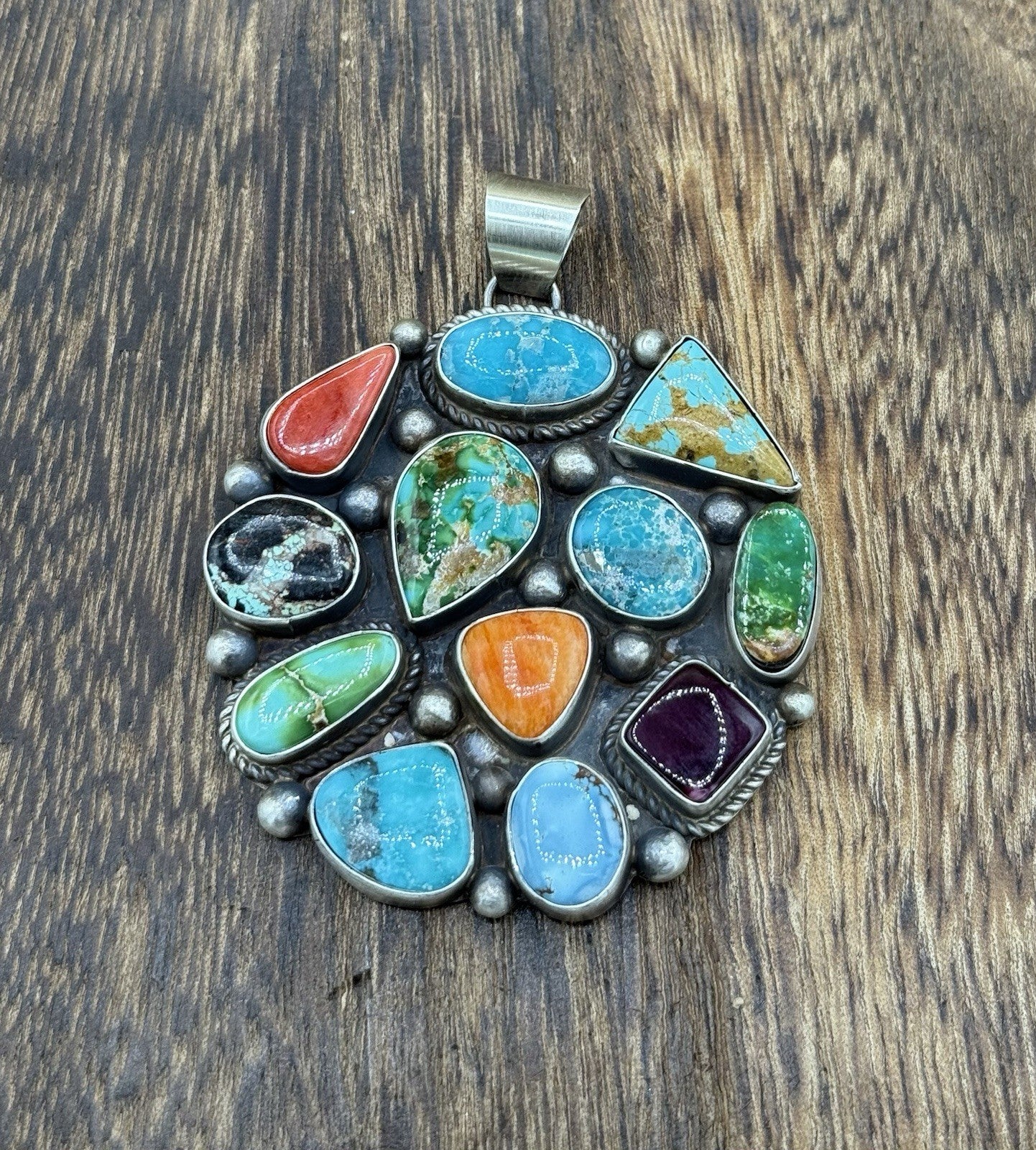 Navajo Handmade Sterling Silver Mixed Turquoise Spiny Large Cluster Pendant