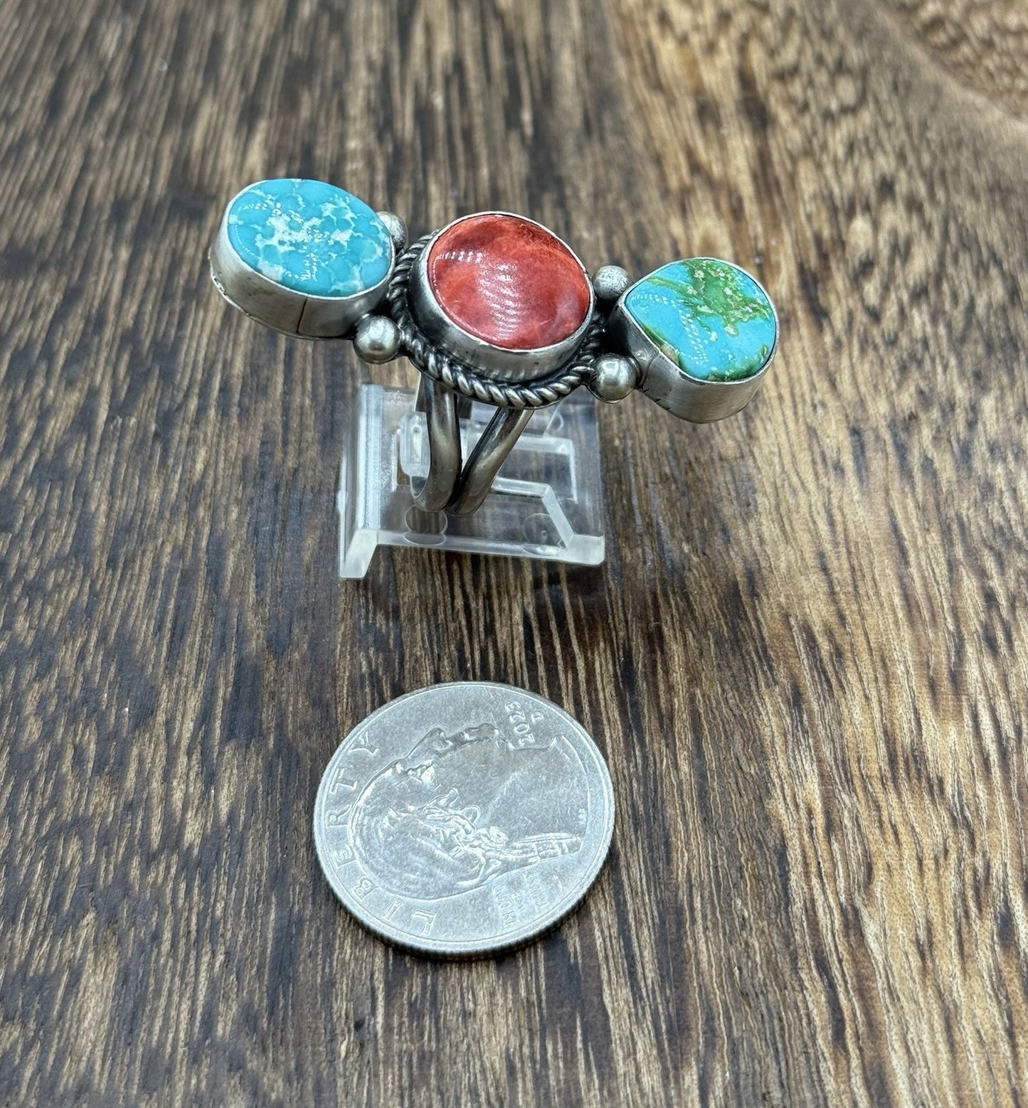 Native Navajo Handmade Sterling Silver Mixed Stone Turquoise Cluster Ring Size 9