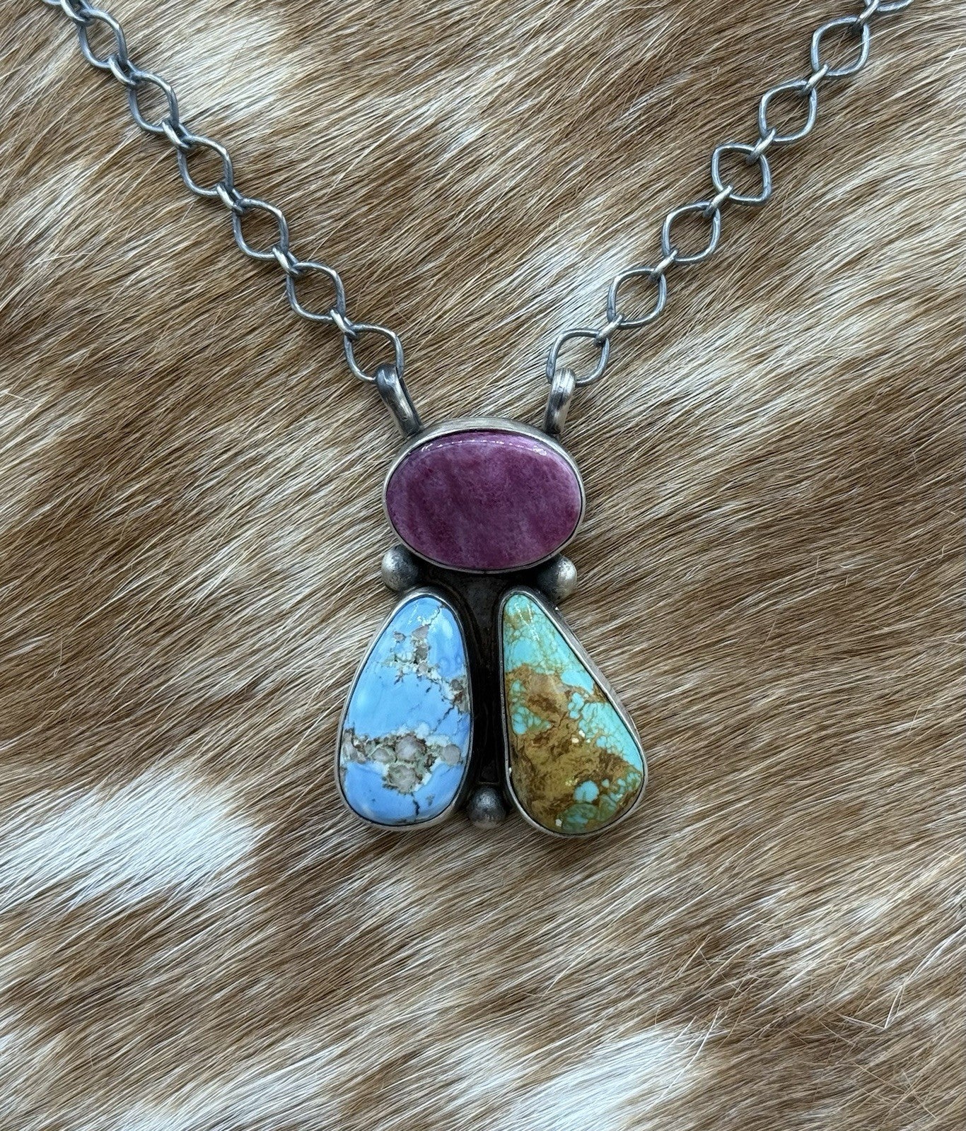 Navajo Handmade Sterling Silver Multi stone Turquoise  Cluster Bar Necklace 18”