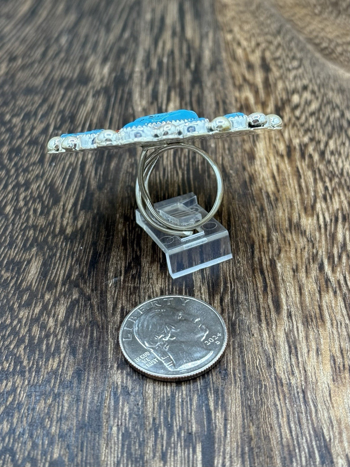 Navajo Handmade Sterling Silver Sleeping Beauty Turquoise & Coral Adjustable 6-9