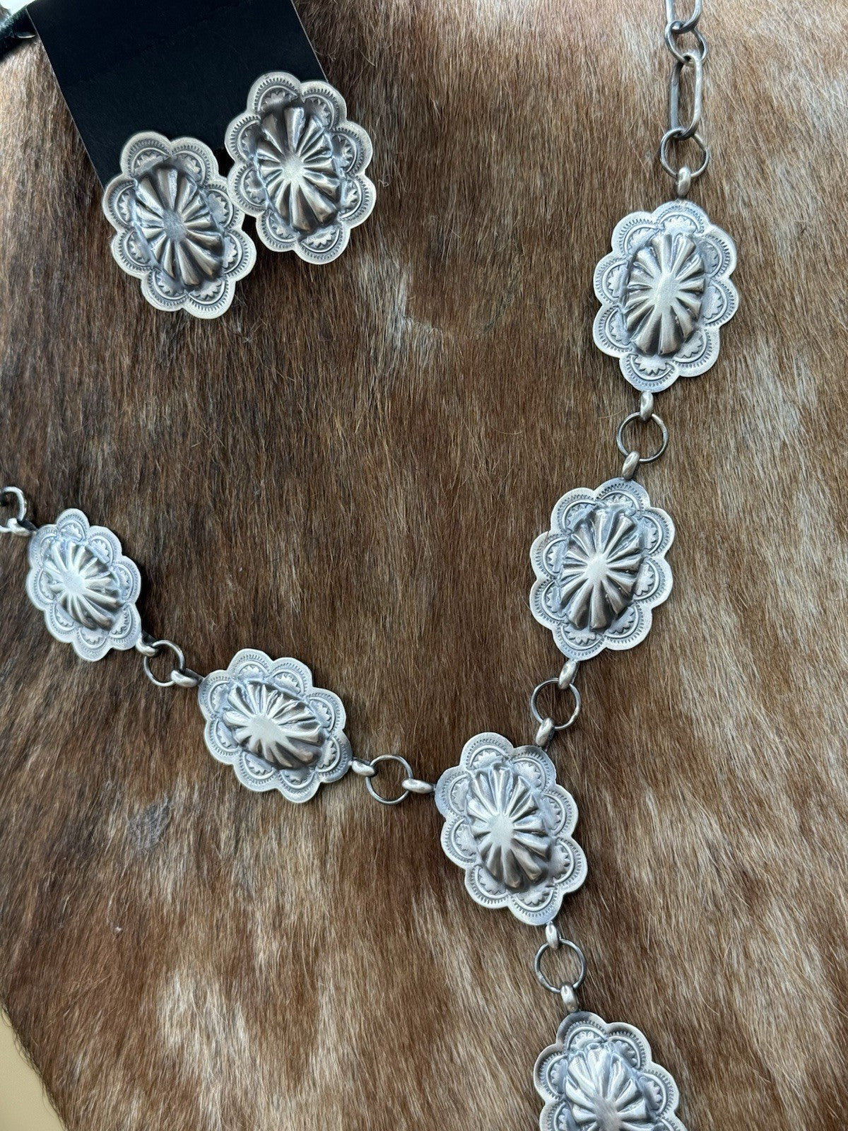 Navajo Handmade Sterling Silver Stamped Concho Old Look Lariat Necklace Set 24”