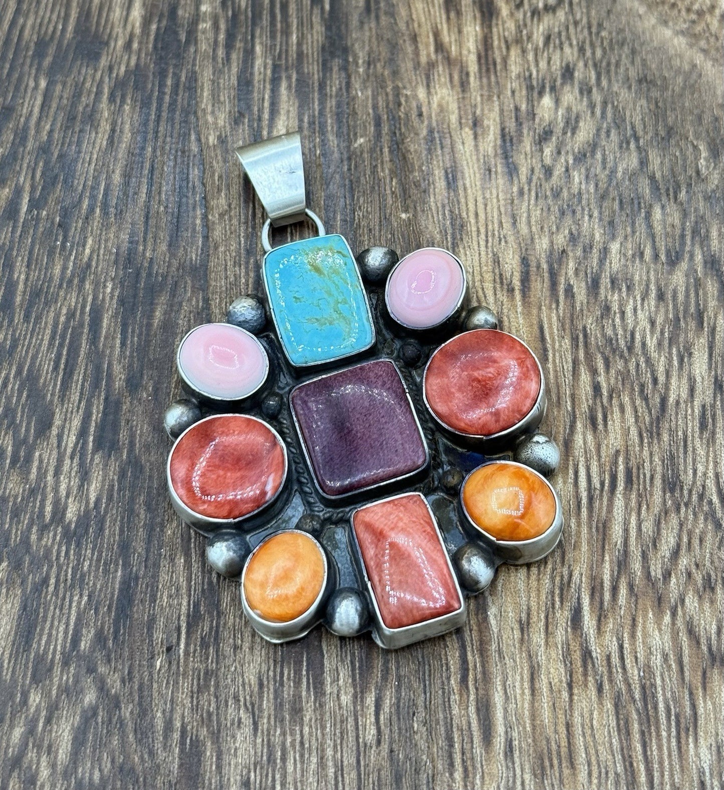 Navajo Handmade Sterling Silver Multi Color Turquoise Spiny Cluster Pendant Lg.