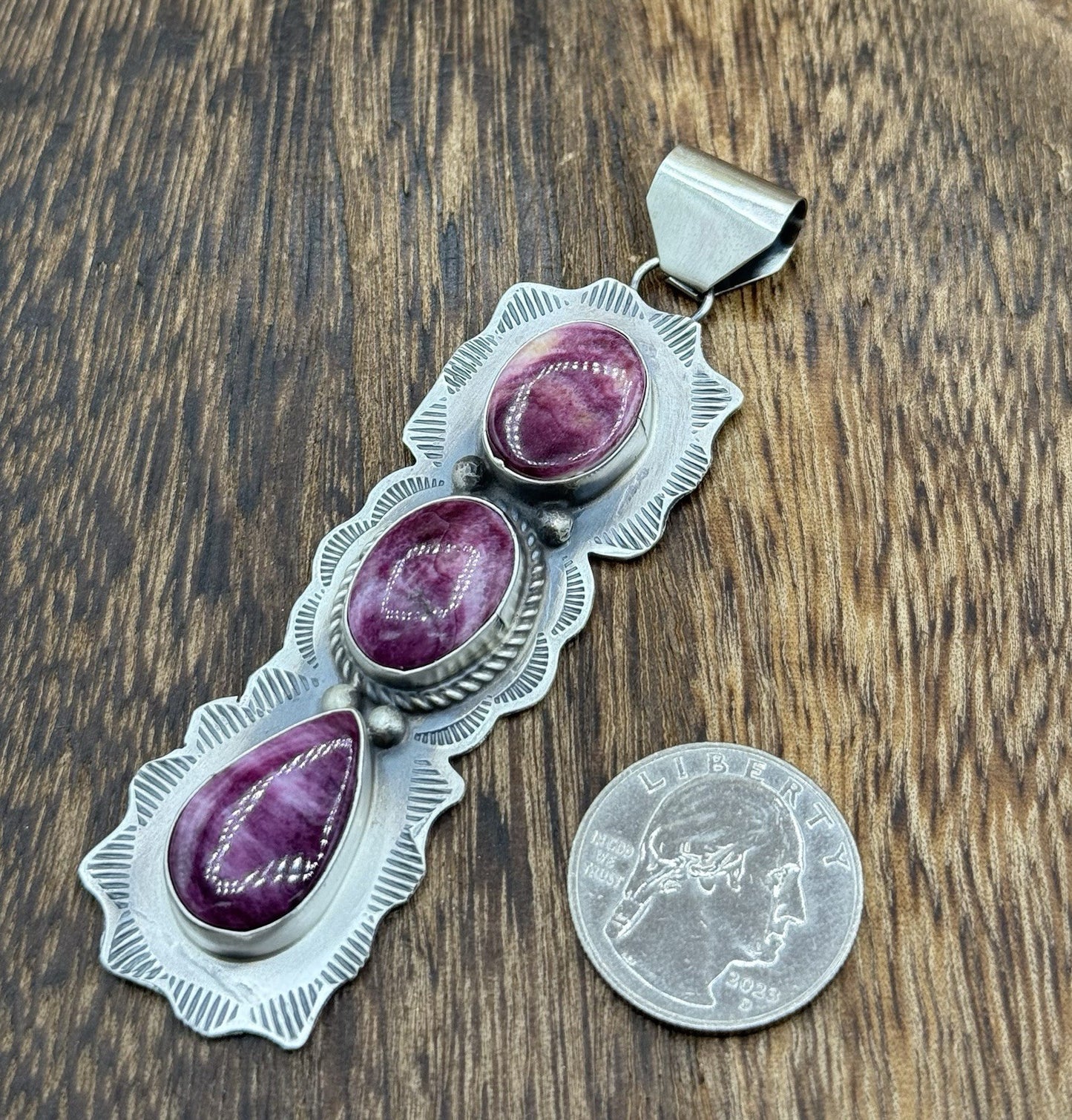 Navajo Handmade Sterling Silver Spiny Oyster Shell Stamped Drop Pendant