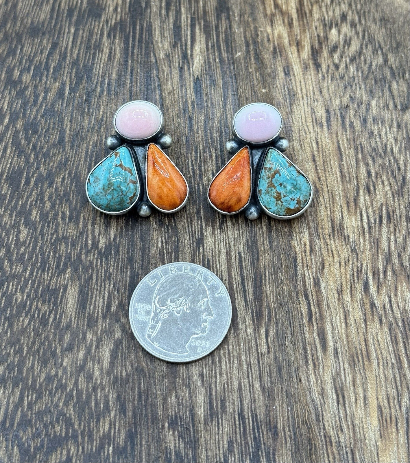 Navajo Handmade Sterling Silver Multi Color Turquoise Spiny Cluster Earrings