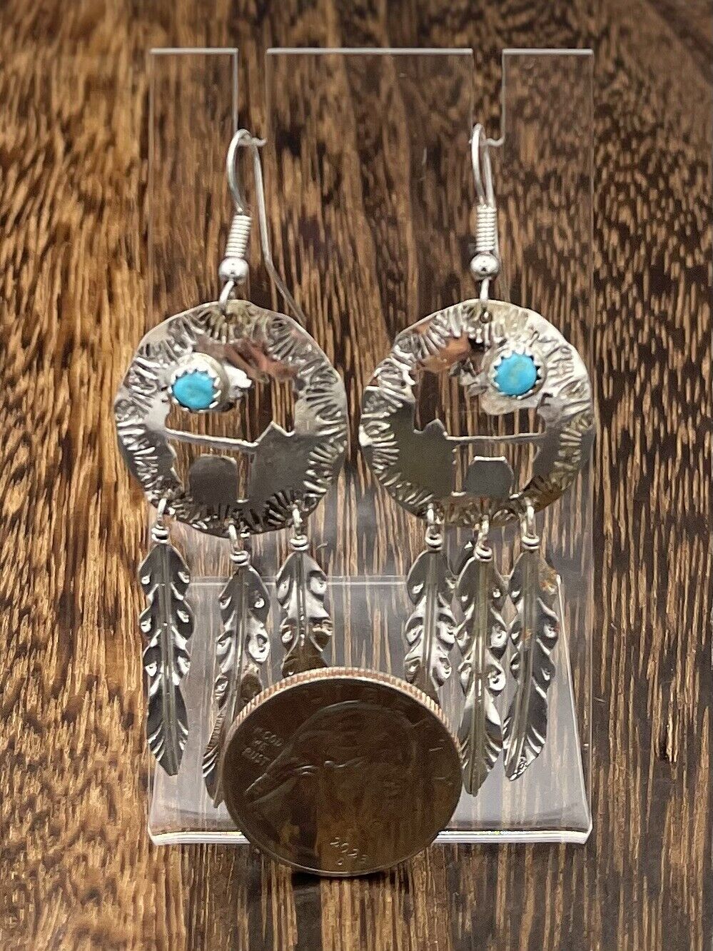 Native American Sterling Silver Navajo Handmade Turquoise Horse Dangle Earrings