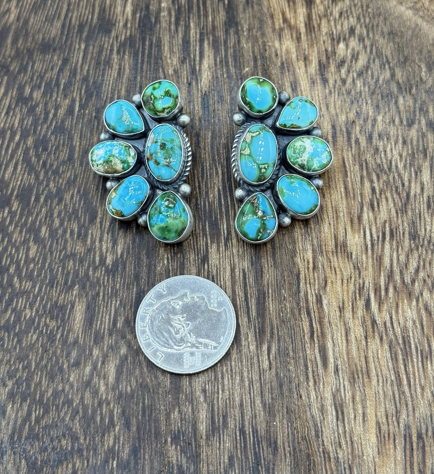 Navajo Handmade Sterling Silver Sonoran Gold Turquoise Half Cluster Earrings