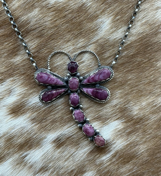 Navajo Handmade Sterling Silver Purple Spiny Oyster Dragonfly Bar Necklace 18”
