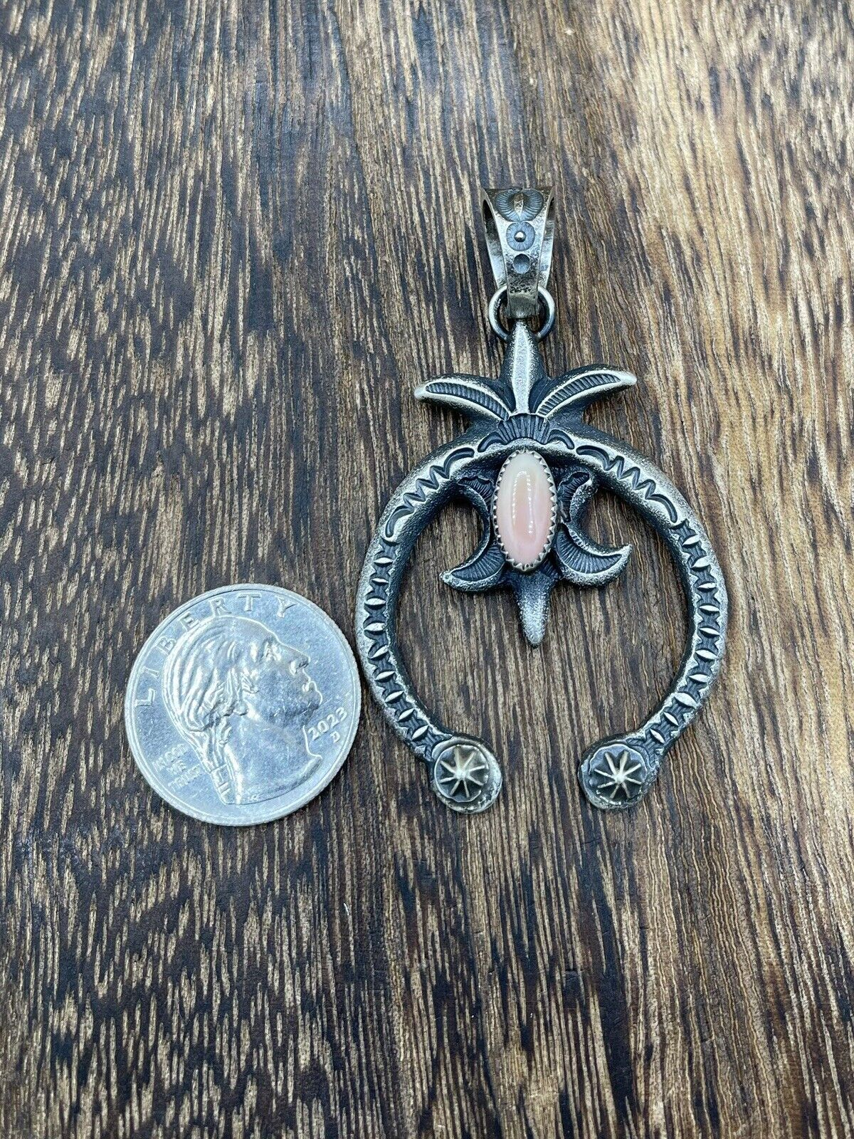 Native American Indian  Navajo Handmade Silver Old Look Pink Concho Naja Pendant