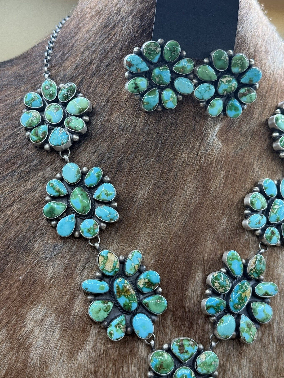 Navajo Handmade Sterling Silver Sonoran Turquoise Cluster Lariat Necklace 24”