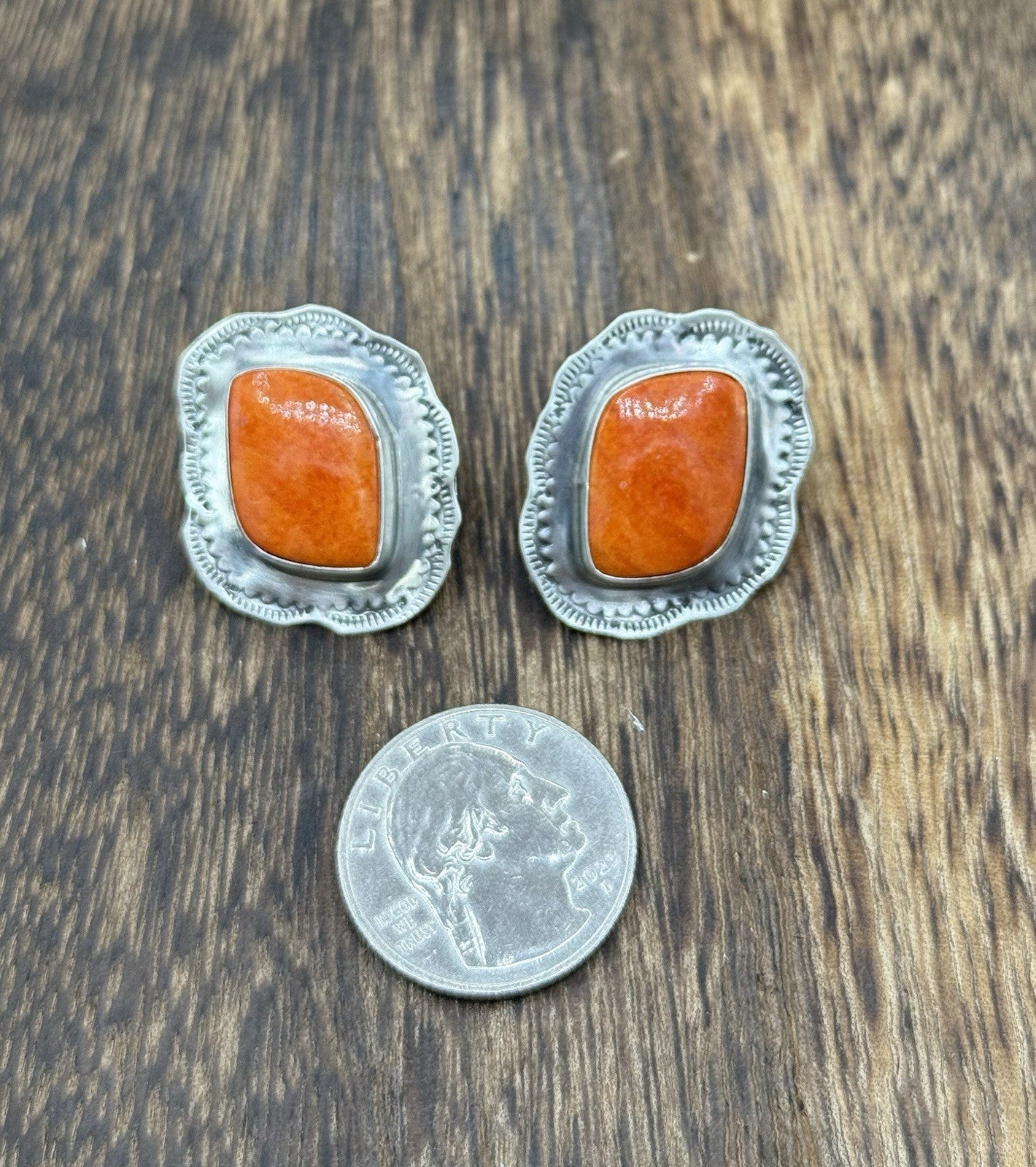 Navajo Handmade Sterling Silver Orange Spiny Oyster Shell Stamped Post Earrings