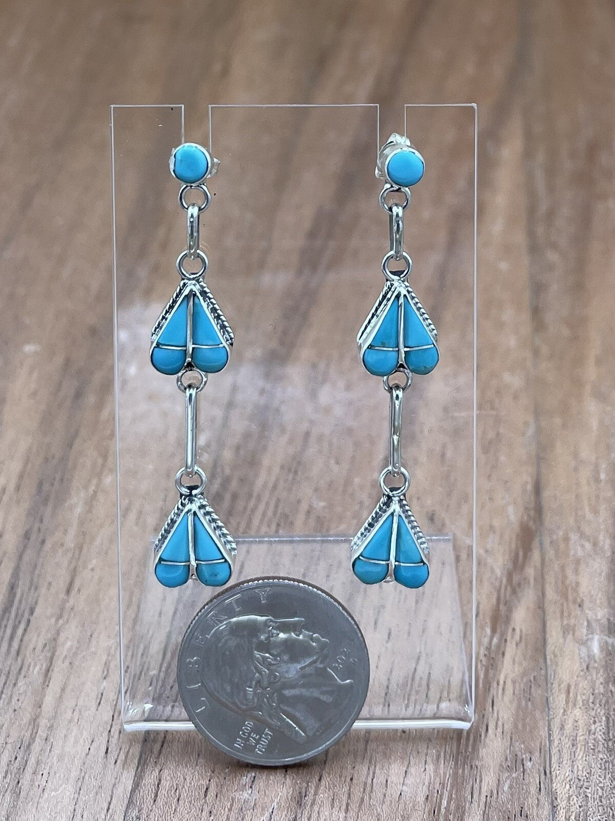Native American Zuni Handmade Silver Inlay Turquoise Post Dangle Drop Earrings