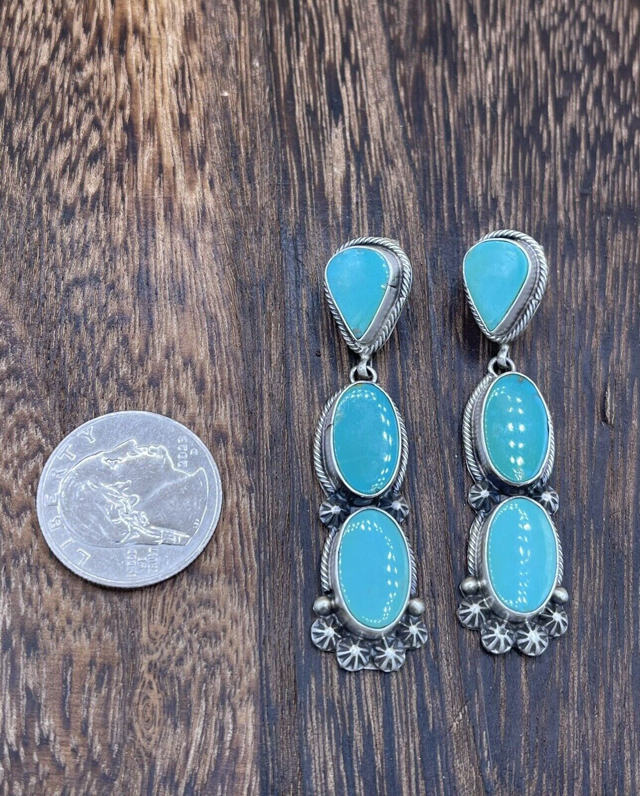 Native American Sterling Silver Navajo Handmade Turquoise Post Dangle Earrings