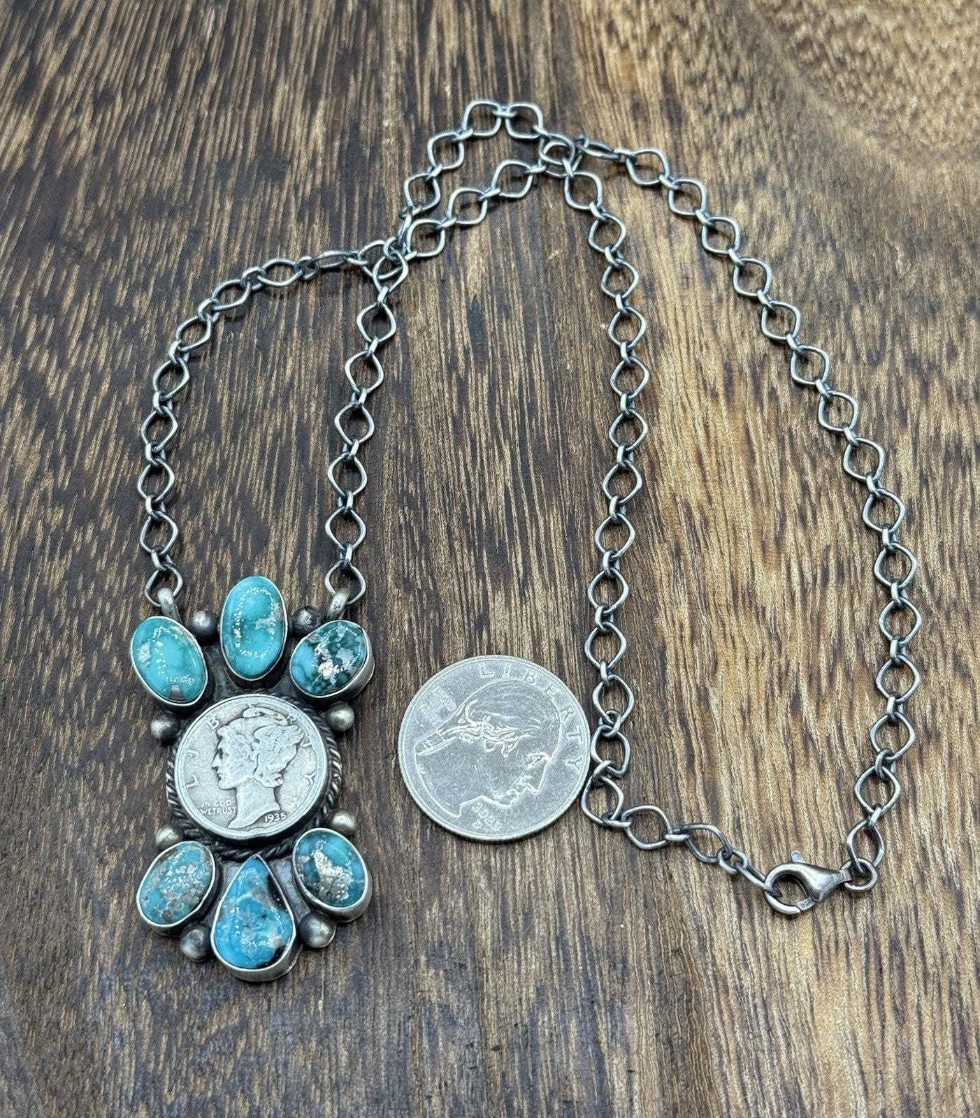 Navajo Handmade Silver White Water Turquoise Liberty Coin Cluster Necklace 18”