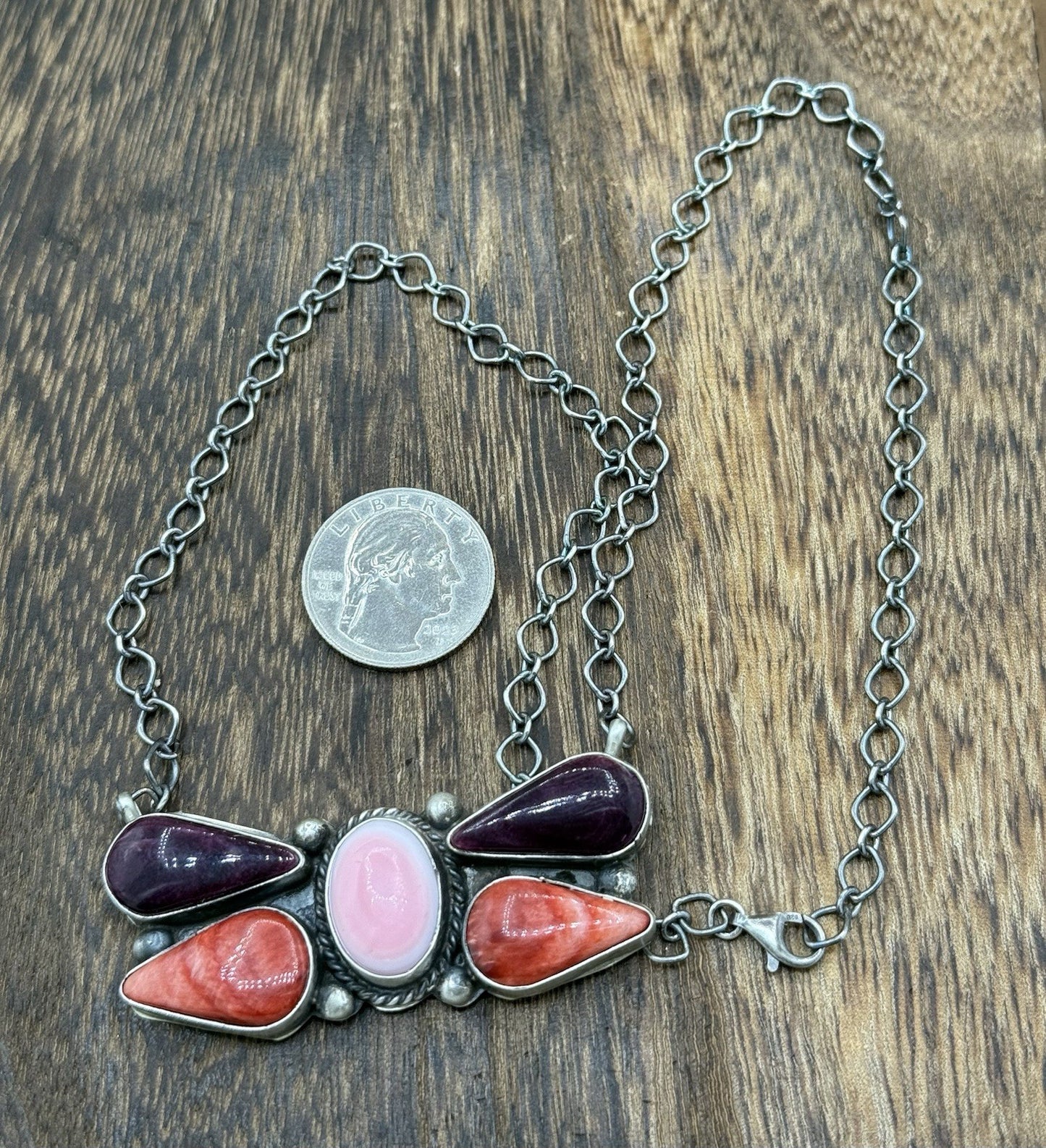 Navajo Handmade Sterling Silver Multi Stone Color Cluster Bar Necklace 18”