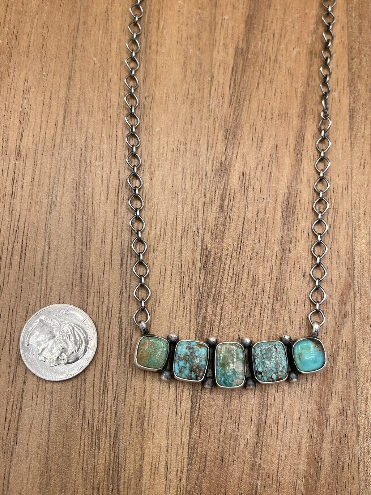 Native American Navajo Handmade Sterling Silver Mixed Turquoise Bar Necklace 18”