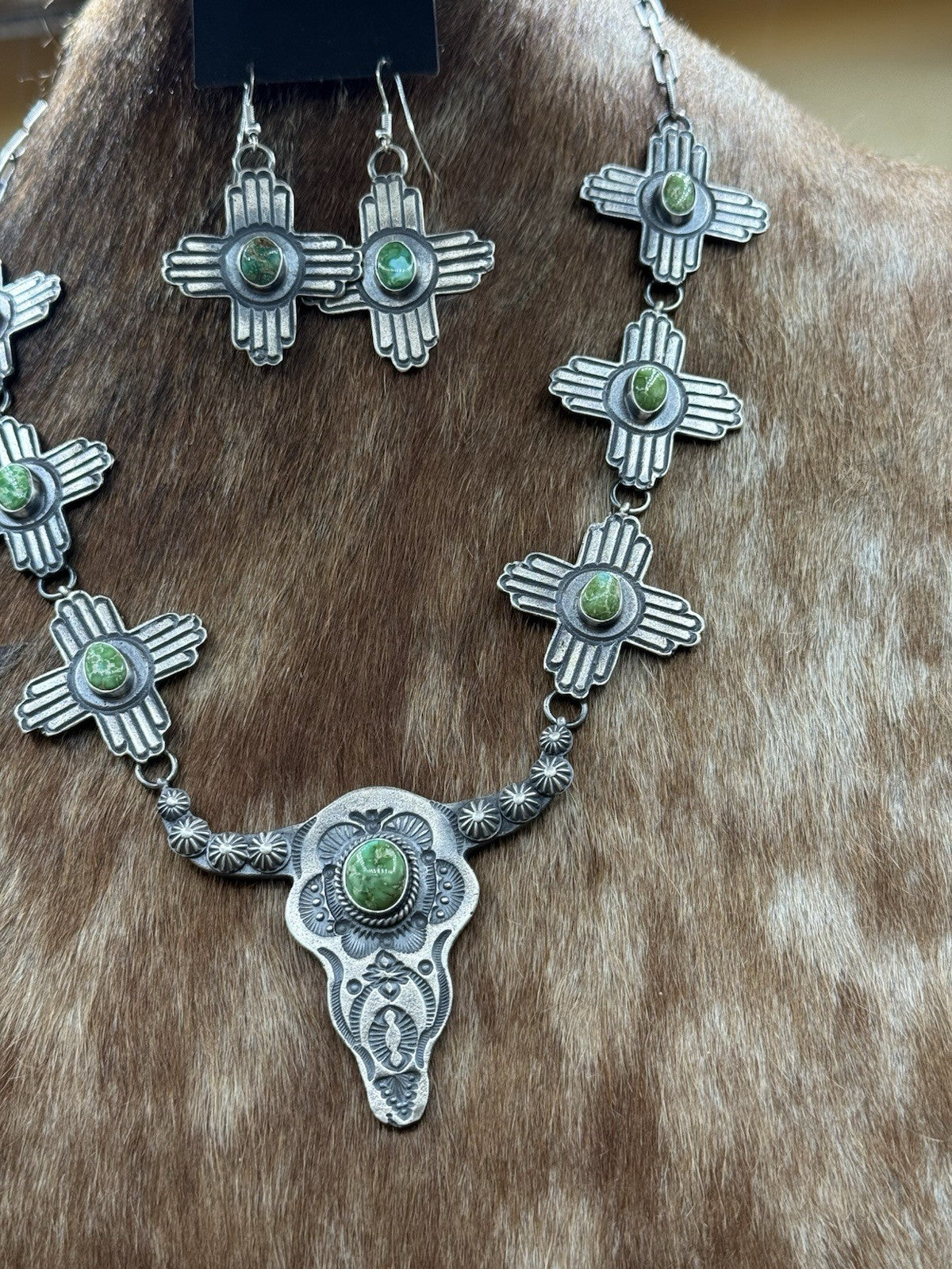 Navajo Handmade Sterling Silver Sonoran Gold Turquoise Longhorn Zia Necklace Set