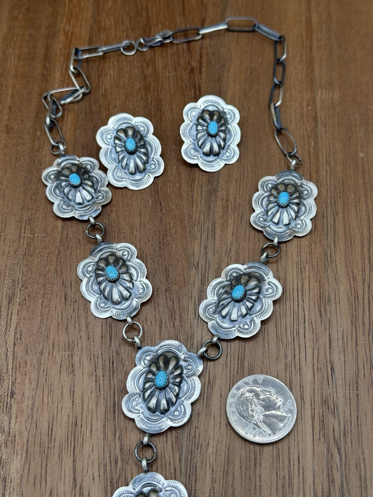 Navajo Handmade Sterling Silver Stamped Concho Turquoise Lariat Necklace Set 18”