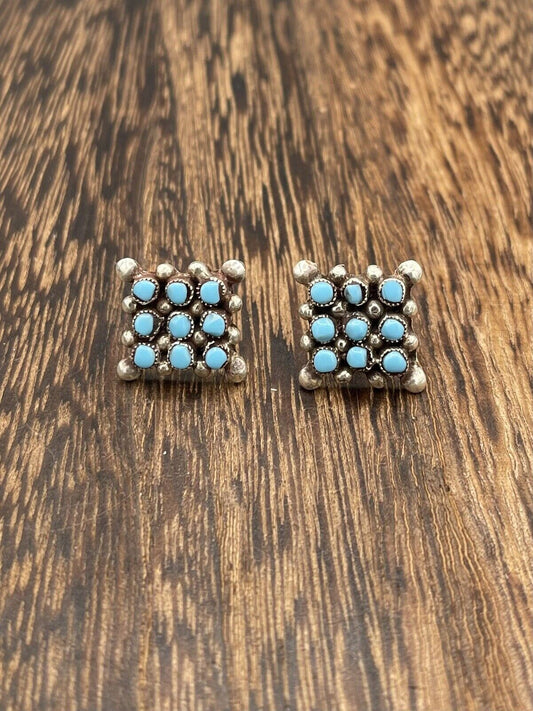 Native American Zuni Handmade Sterling Silver Turquoise Cluster Post Earrings