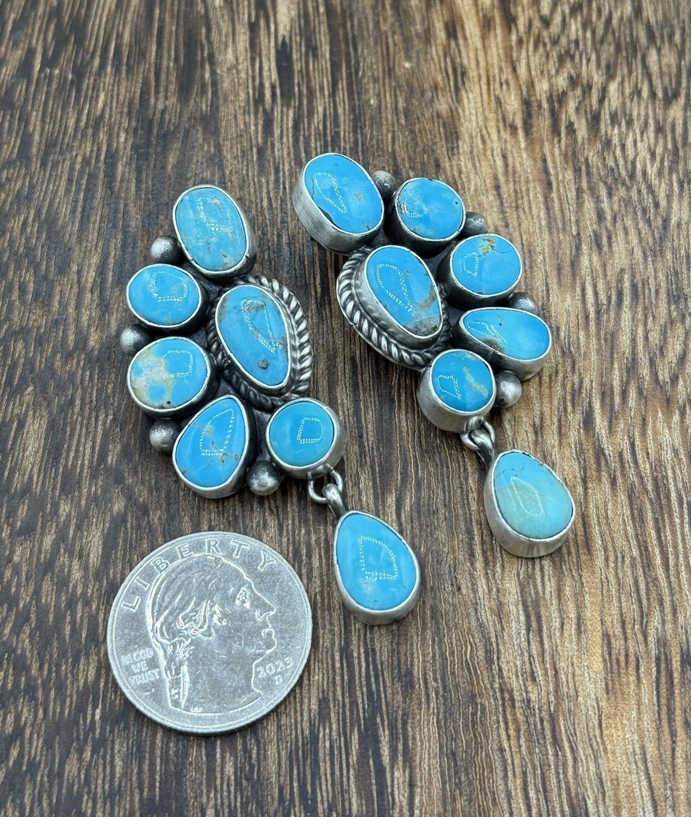 Navajo Handmade Sterling Silver Kingman Turquoise Half Cluster Drop Earrings