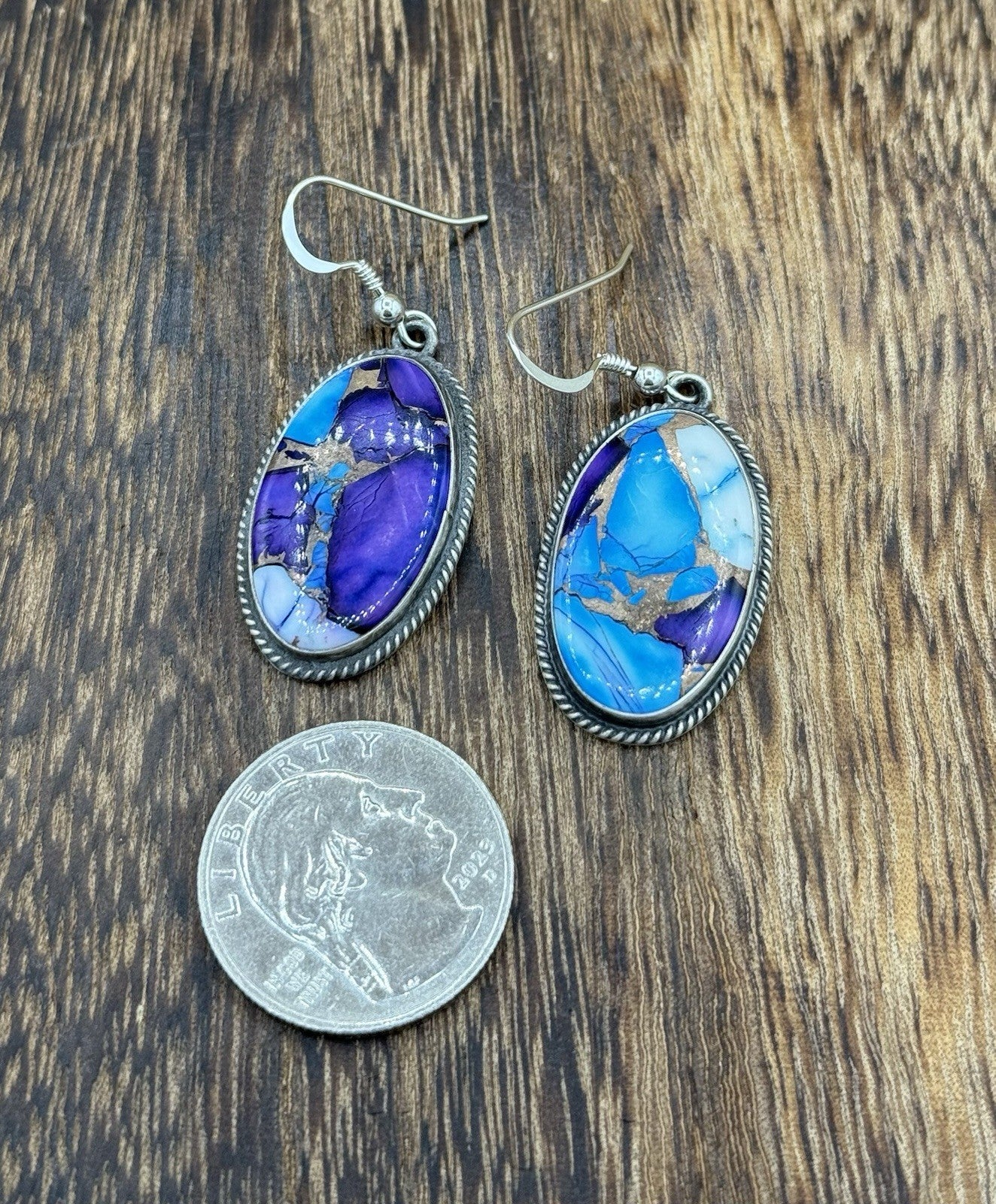 Navajo Handmade Sterling Silver Violet Rose & Blue Dahlia Dangle Drop Earrings