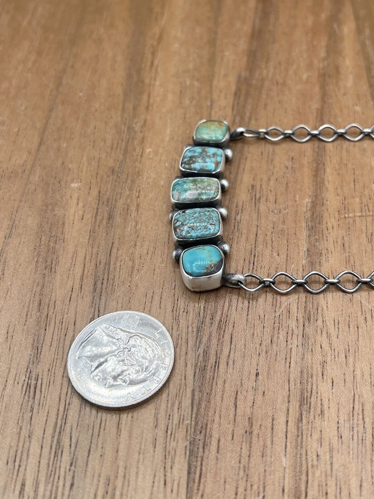 Native American Navajo Handmade Sterling Silver Mixed Turquoise Bar Necklace 18”