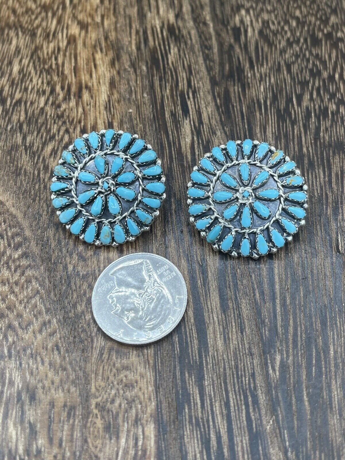 Native American Navajo Handmade Sterling Silver Turquoise Cluster Post earrings