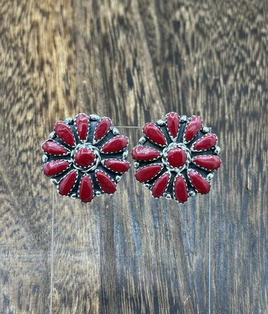 Native American Navajo Handmade Sterling Silver Red Coral Cluster Stud Earrings