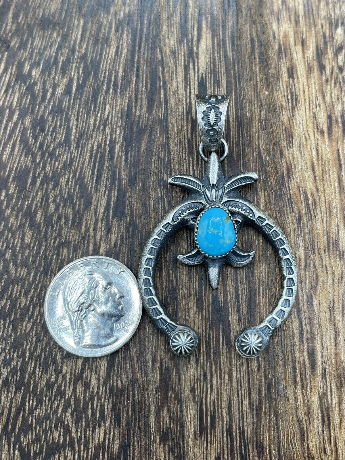 Native American Indian Navajo Handmade Silver Old Look Turquoise Naja Pendant