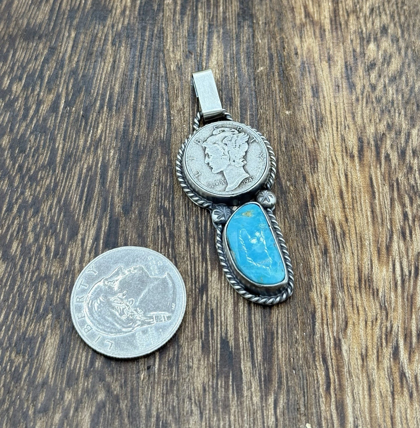 Navajo Handmade Sterling Silver Royston Turquoise Liberty Dime Coin Pendant