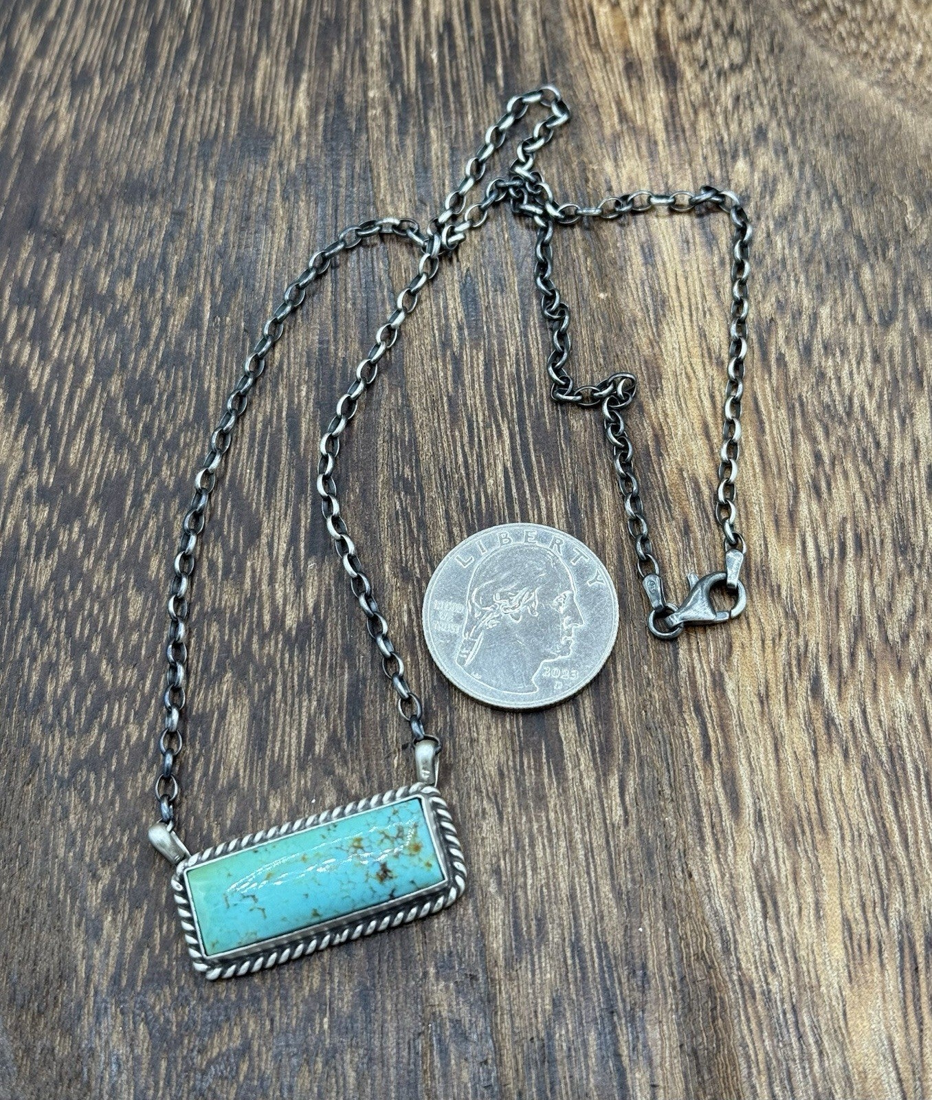 Native Navajo Handmade Sterling Silver Kingman Turquoise Bar Necklace 18”