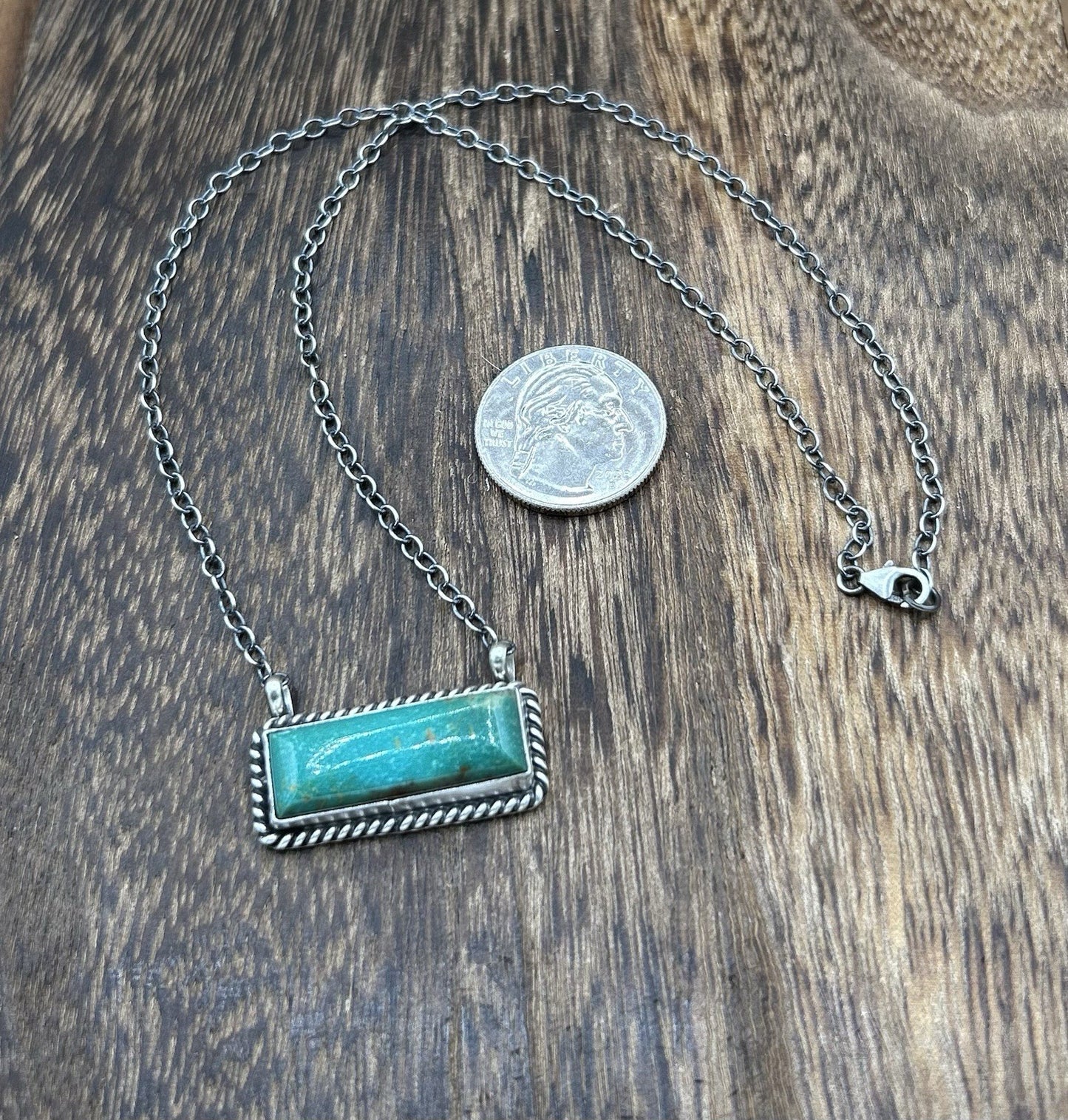 Navajo Handmade Sterling Silver Kingman Turquoise Bar Necklace 16”