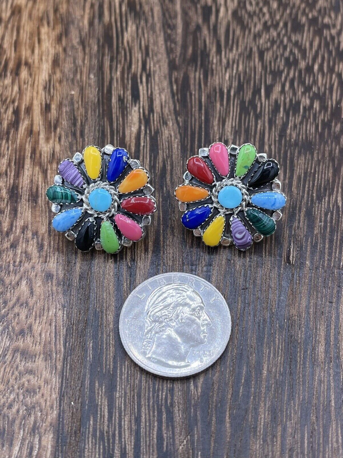 Native American Navajo Handmade Sterling Silver Multicolor Cluster Stud Earrings