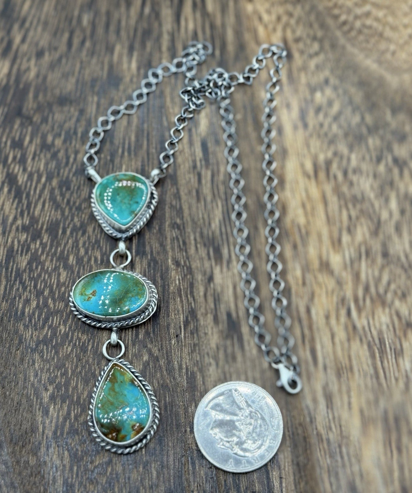 Native Navajo Handmade Sterling Silver Kingman Turquoise Lariat Necklace 18”