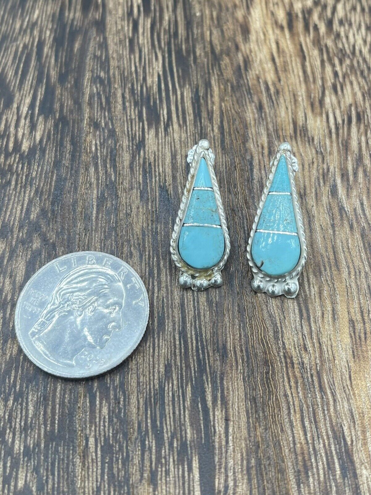 Native American Sterling Silver Zuni Handmade Turquoise Inlay Post Stud Earrings