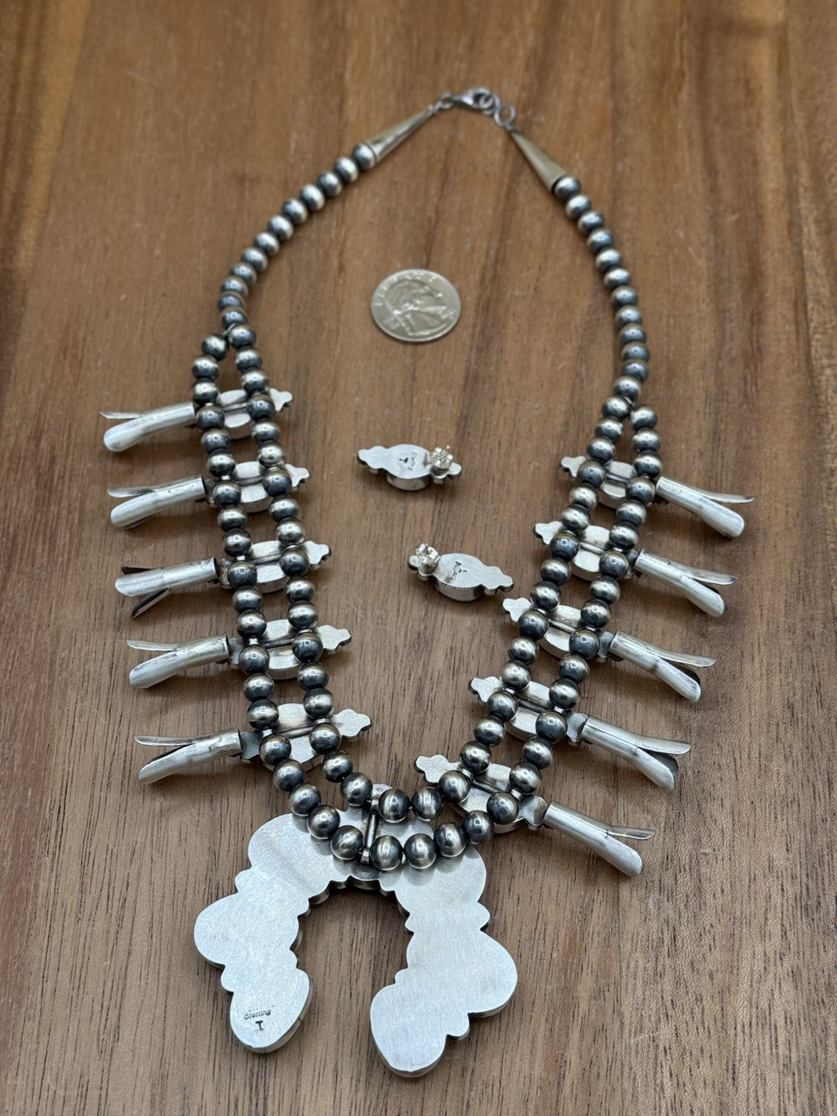 Navajo Handmade Sterling Silver Kingman Turquoise Squash Blossom Necklace 20”