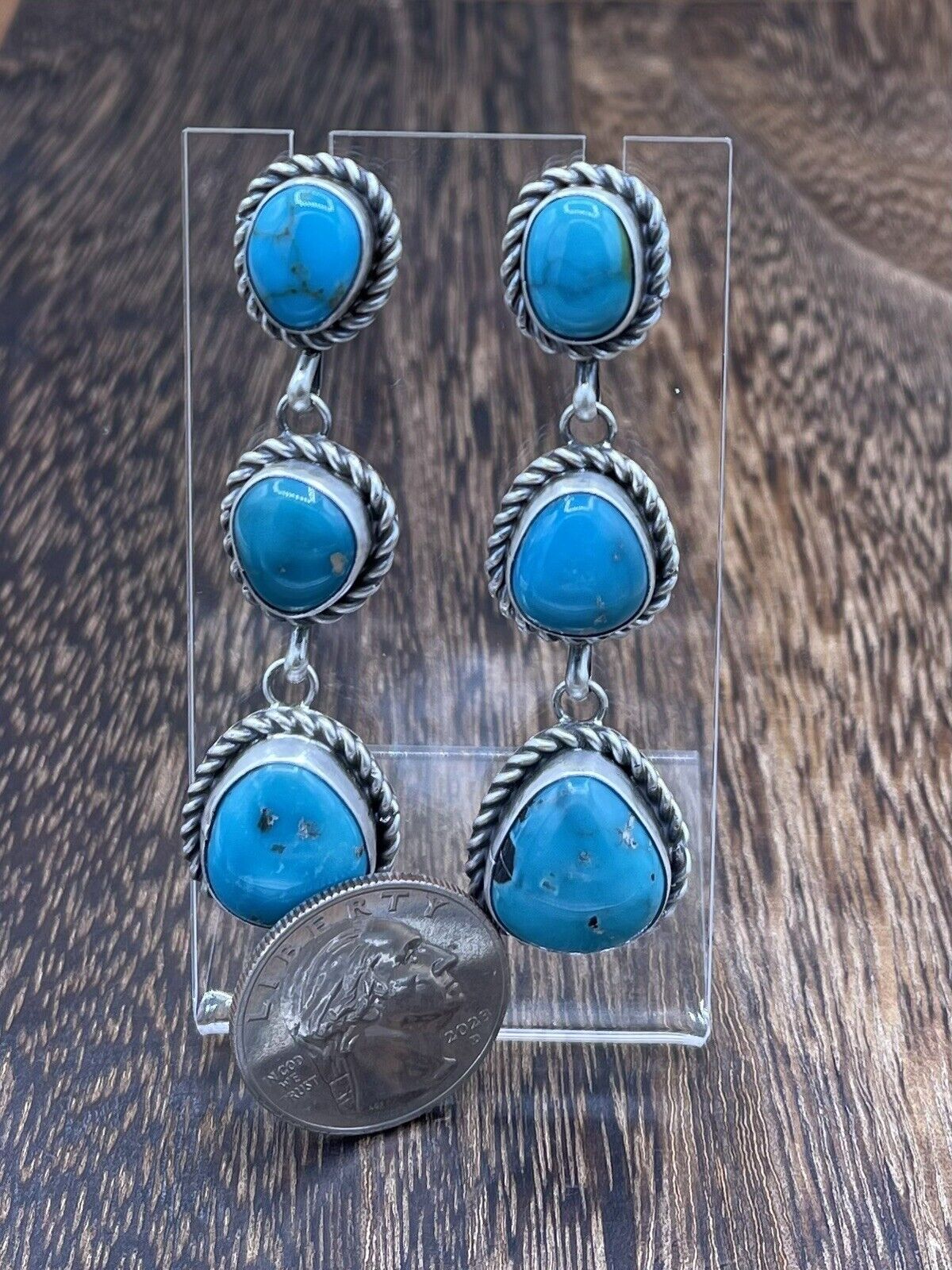 Native American Sterling Silver Navajo Handmade Turquoise Post Dangle Earrings