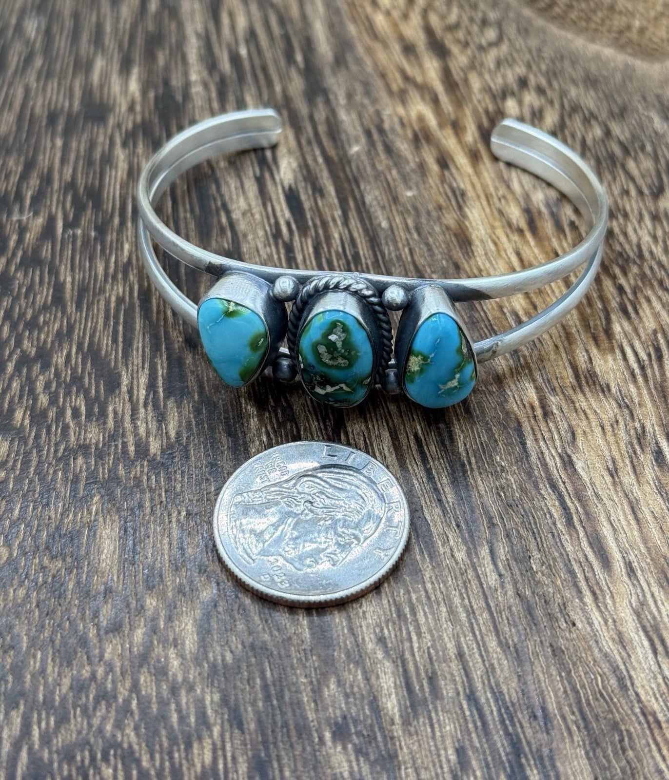 Navajo Handmade Sterling Silver Sonoran Gold Turquoise Cluster Cuff Bracelet