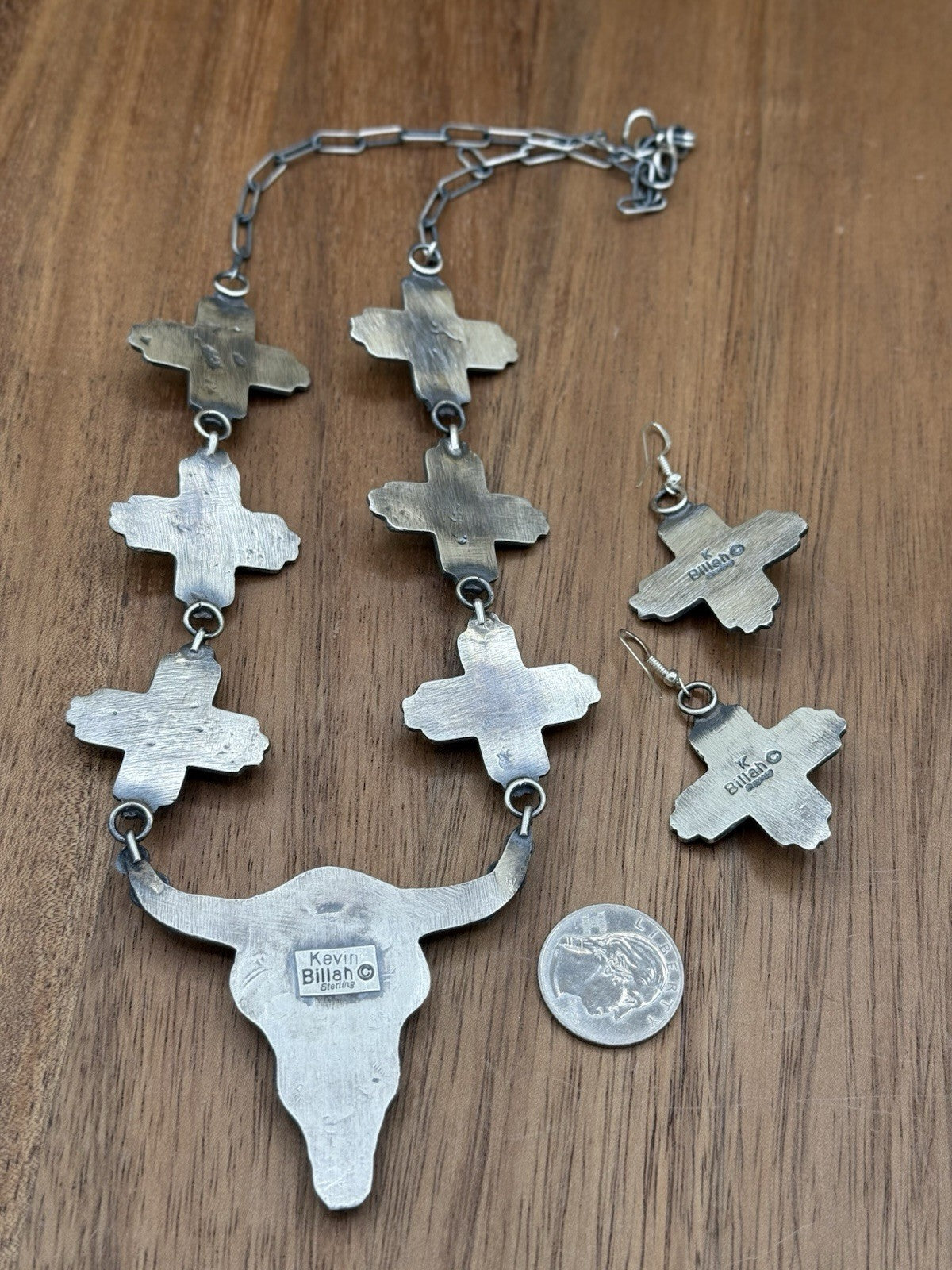 Navajo Handmade Sterling Silver Kingman Turquoise Longhorn Zia Necklace Set