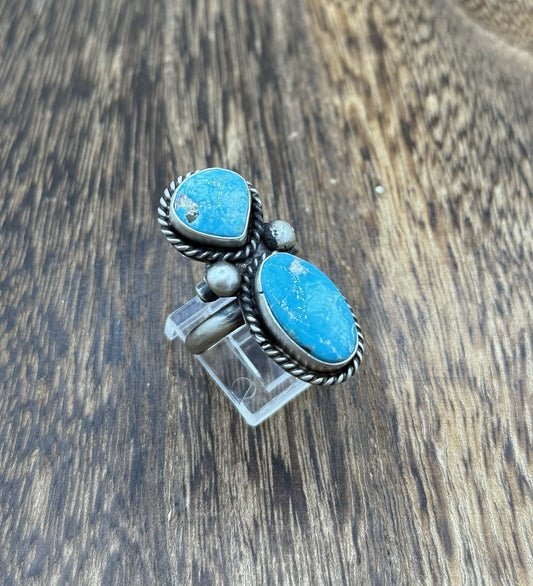 Navajo Handmade Sterling Silver White Water Turquoise Adjustable Ring Size 7 - 9