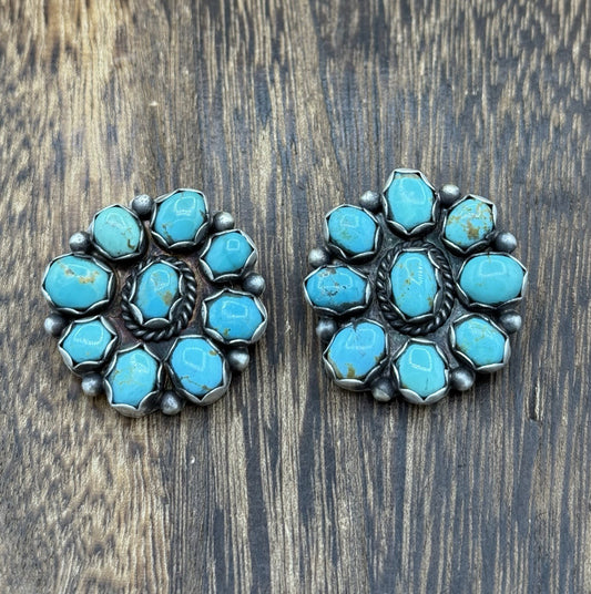 Native Navajo Handmade Sterling Silver Kingman Turquoise Cluster Post Earrings