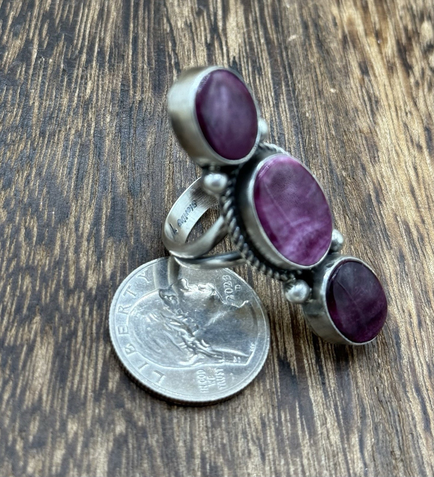 Navajo Handmade Sterling Silver Purple Spiny Oyster Shell Cluster Ring Size 9