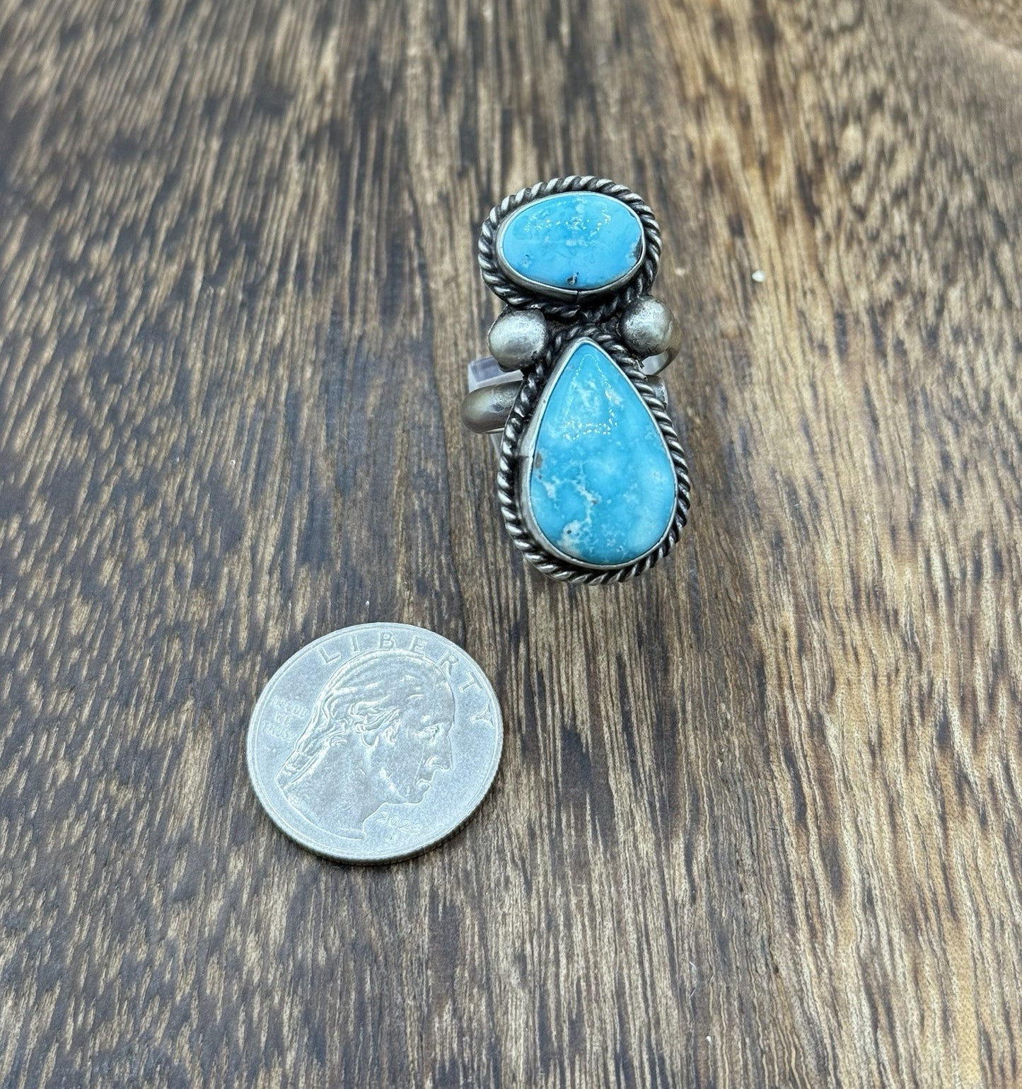 Navajo Handmade Sterling Silver White Water Turquoise Adjustable Ring Size 7 - 9