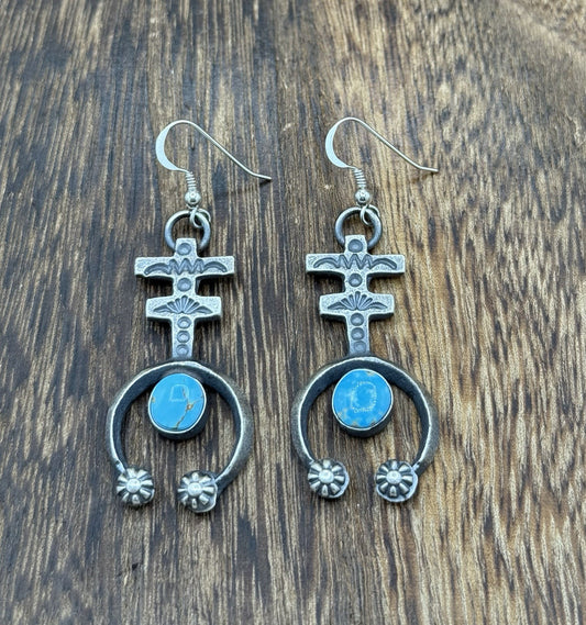 Navajo Handmade Sterling Silver Old Look Kingman Turquoise Earrings Kevin Billah