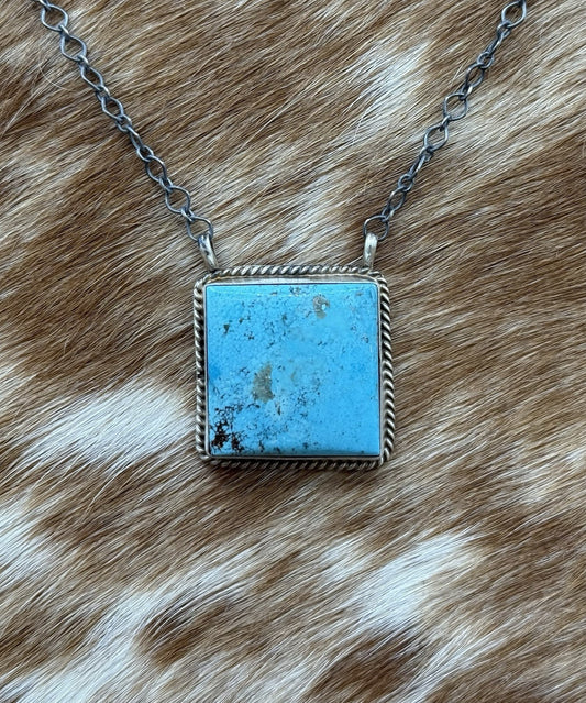 Native Navajo Handmade Sterling Silver Kingman Turquoise Bar Necklace 18”