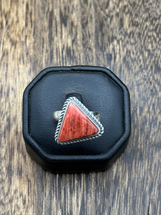 Navajo Handmade Sterling Silver Red Spiny Oyster Adjustable Ring Size 7 - 10