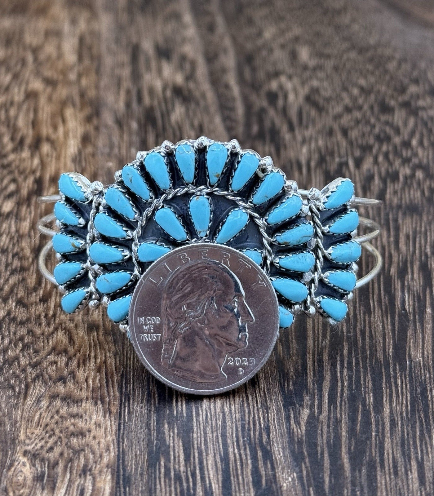 Native American Navajo Handmade Sterling Silver Turquoise Cluster Cuff Bracelet